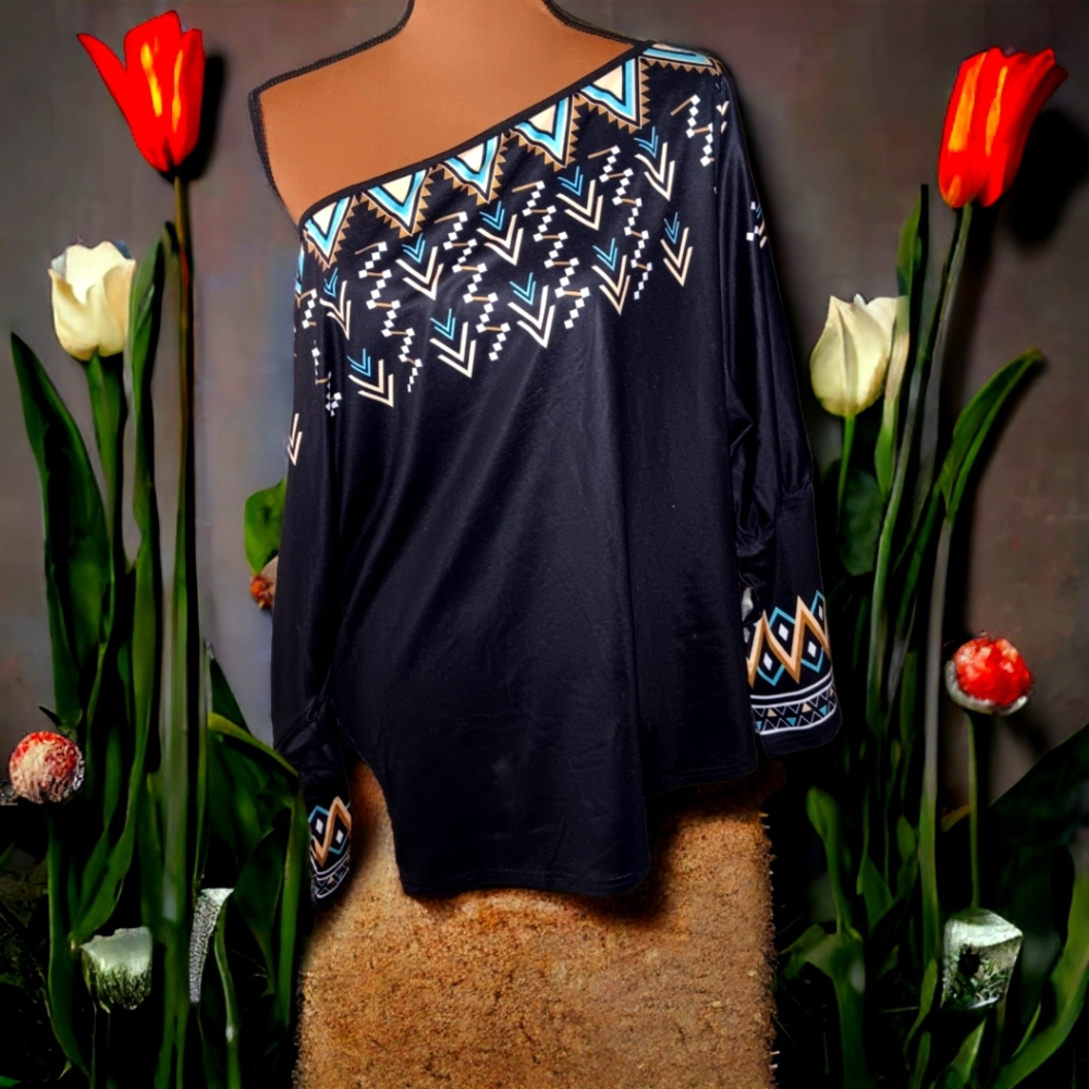 2/$35 NWOT Rosewe Aztec Off-the-shoulder Long Sleeve Oversized Top, Size XL